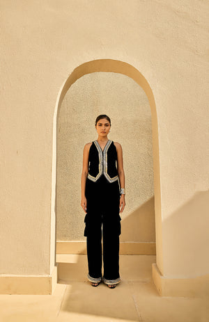 BLACK VELVET WAIST COAT AND VELEVT CARGO PANTS -   DD 08
