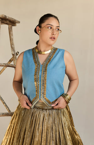 DENIM WAIST COAT AND SILK JECQUARD CRUSHED LEHANGA  -   DD 09