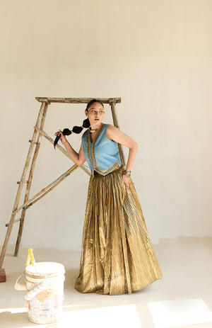 DENIM WAIST COAT AND SILK JECQUARD CRUSHED LEHANGA  -   DD 09