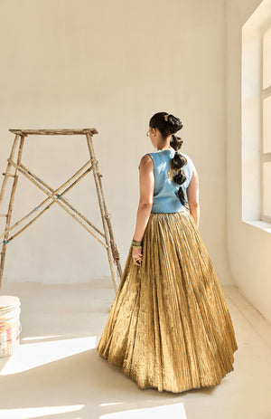 DENIM WAIST COAT AND SILK JECQUARD CRUSHED LEHANGA  -   DD 09