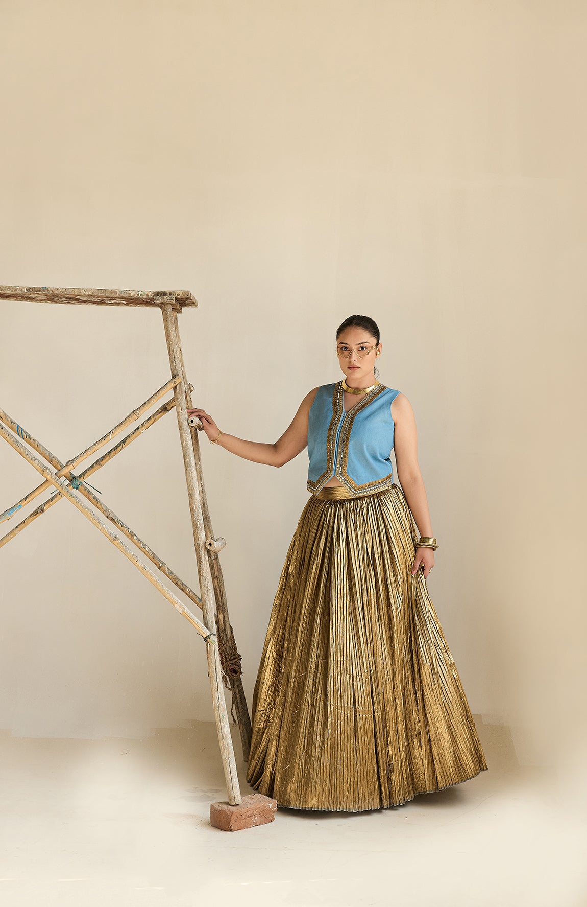 DENIM WAIST COAT AND SILK JECQUARD CRUSHED LEHANGA  -   DD 09