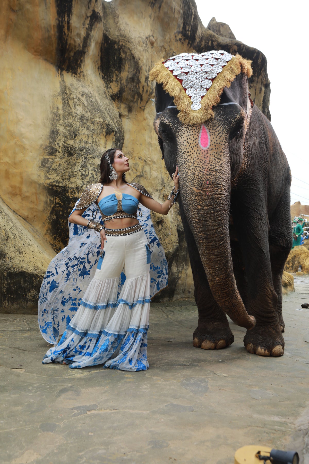 Devi drape Ivory kota doria hand painted sharara with denim embellished bustier & cape-   DDC 73