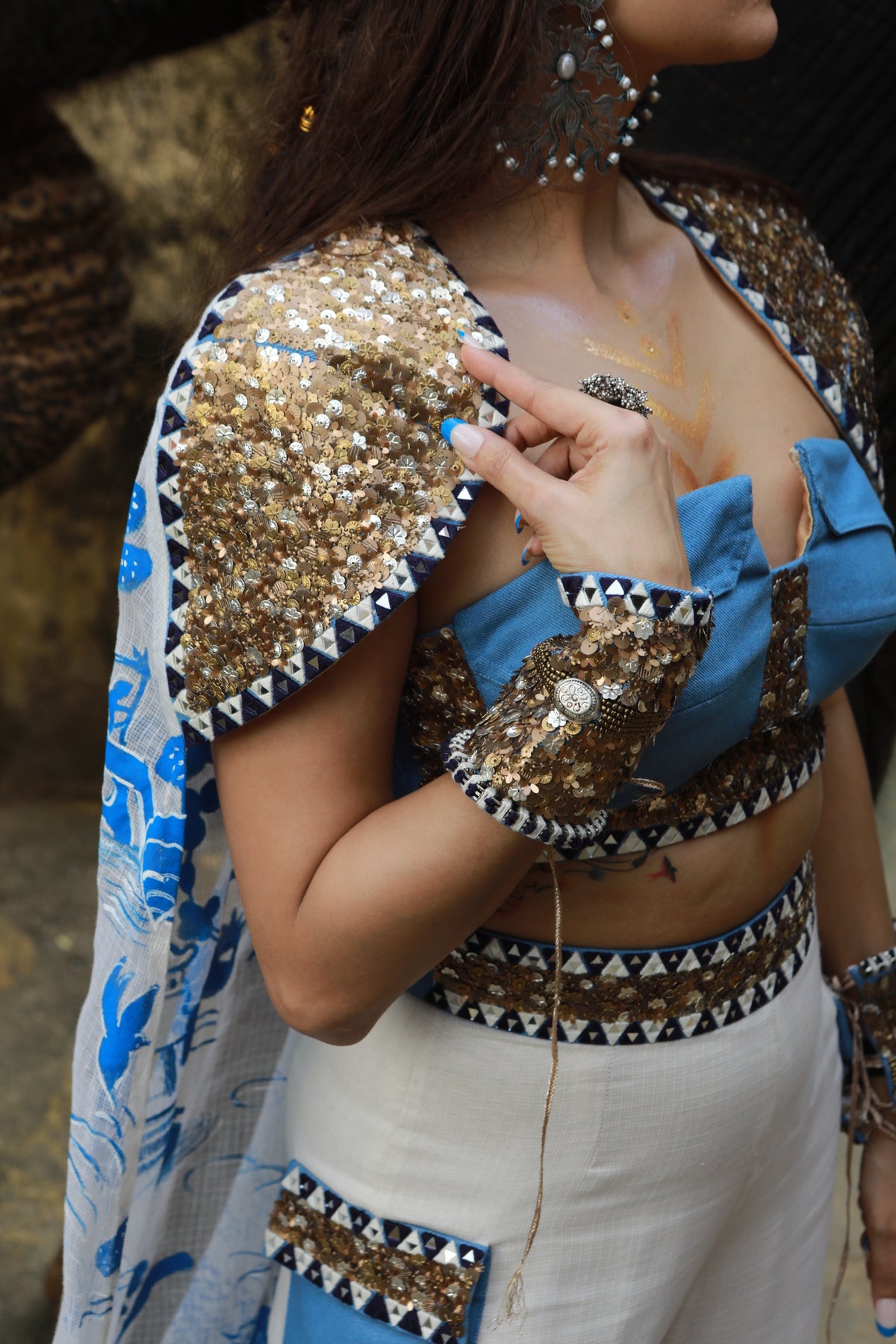 Devi drape Ivory kota doria hand painted sharara with denim embellished bustier & cape-   DDC 73