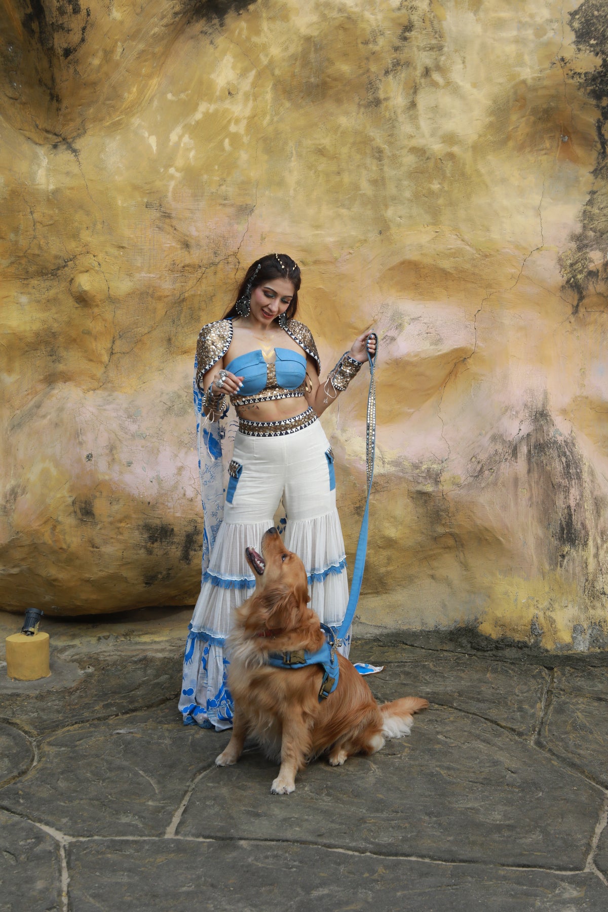 Devi drape Ivory kota doria hand painted sharara with denim embellished bustier & cape-   DDC 73
