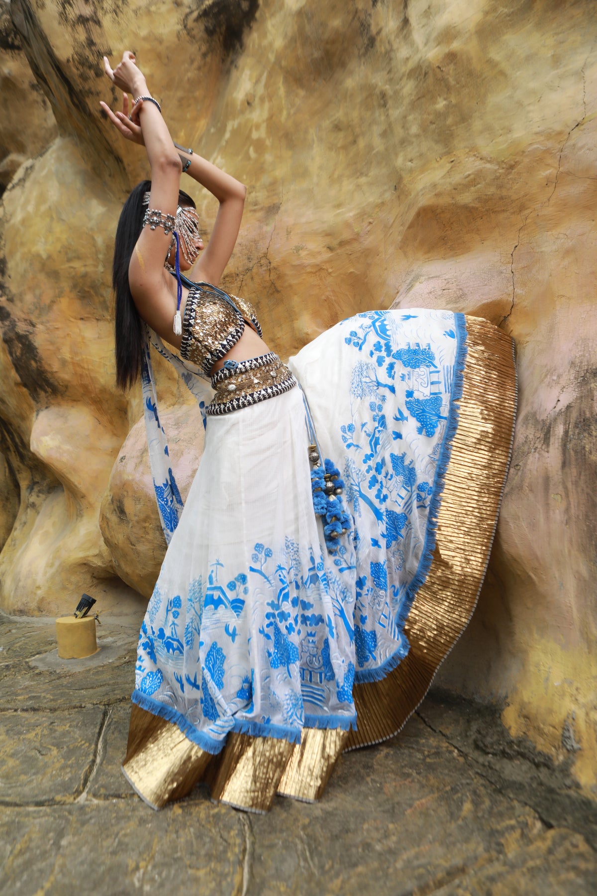 Devi drape  Ivory kota doria hand painted lehenga with embellished collared blouse-   DDC 74