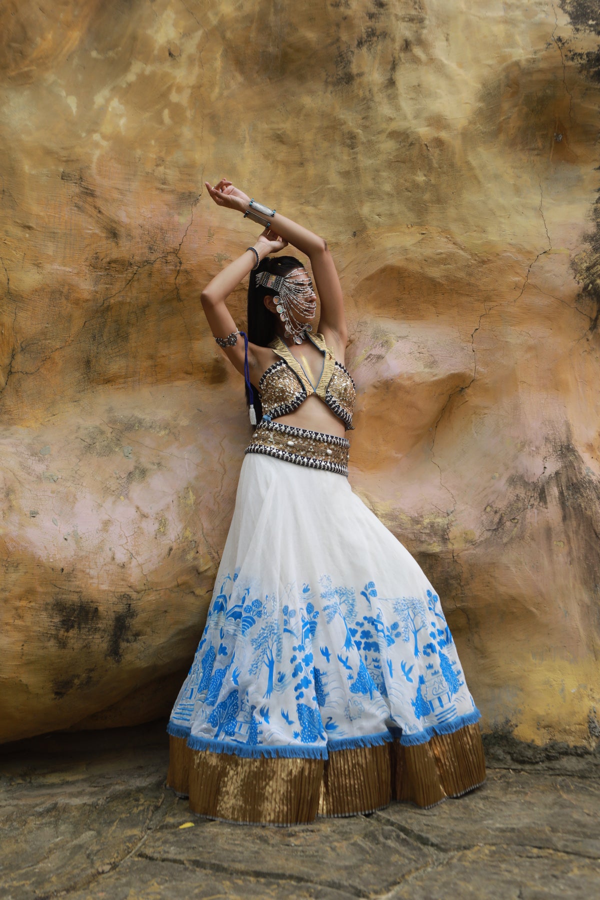 Devi drape  Ivory kota doria hand painted lehenga with embellished collared blouse-   DDC 74