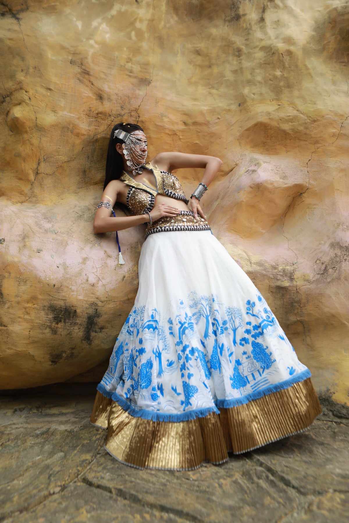 Devi drape  Ivory kota doria hand painted lehenga with embellished collared blouse-   DDC 74