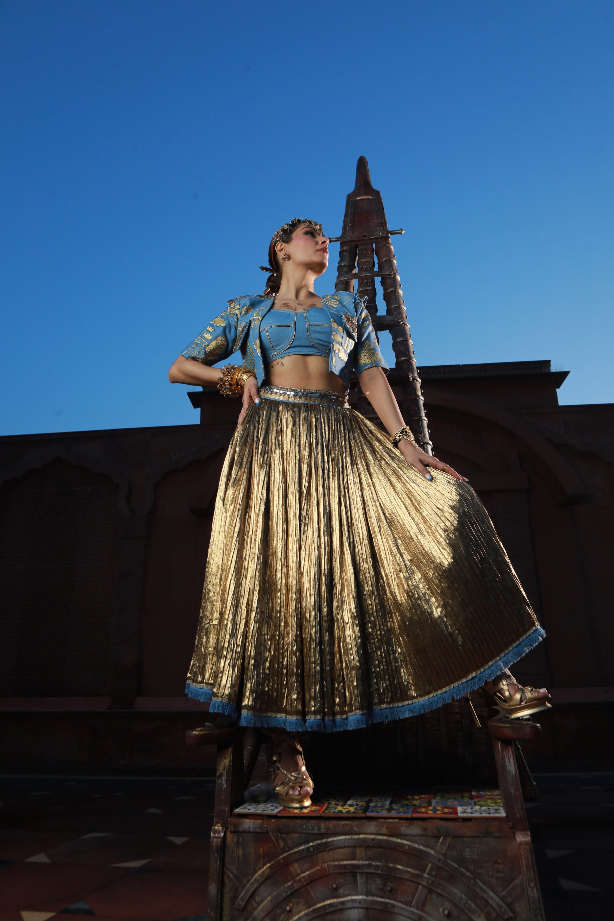 DEVI DRAPE HAND PAINTED JACKET WITH DENIM BUSTIER WITH GOLD SKIRT -   DDC 84