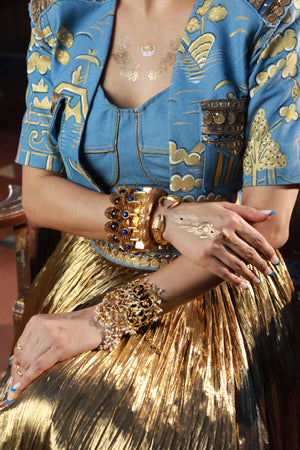 DEVI DRAPE HAND PAINTED JACKET WITH DENIM BUSTIER WITH GOLD SKIRT -   DDC 84