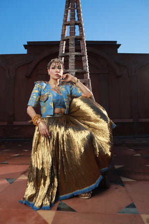 DEVI DRAPE HAND PAINTED JACKET WITH DENIM BUSTIER WITH GOLD SKIRT -   DDC 84