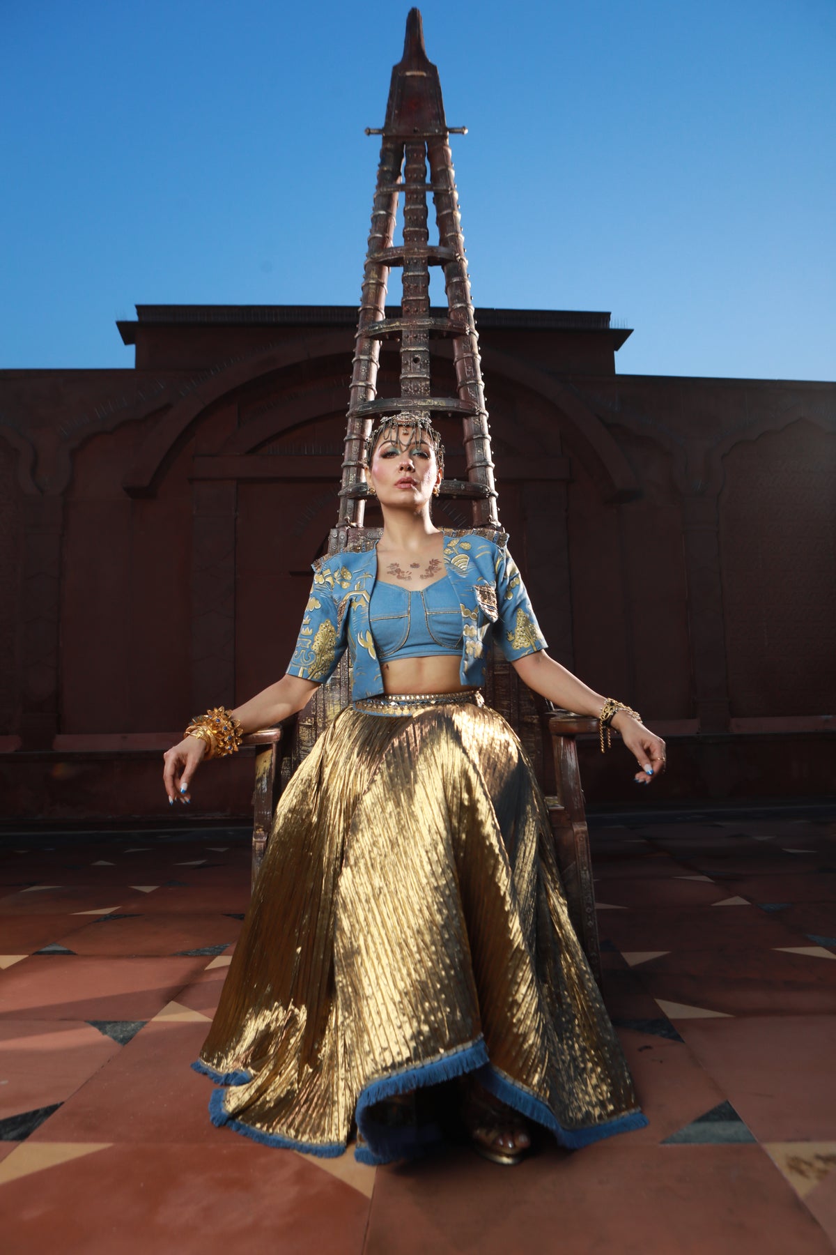 DEVI DRAPE HAND PAINTED JACKET WITH DENIM BUSTIER WITH GOLD SKIRT -   DDC 84
