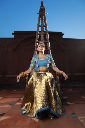 DEVI DRAPE HAND PAINTED JACKET WITH DENIM BUSTIER WITH GOLD SKIRT -   DDC 84