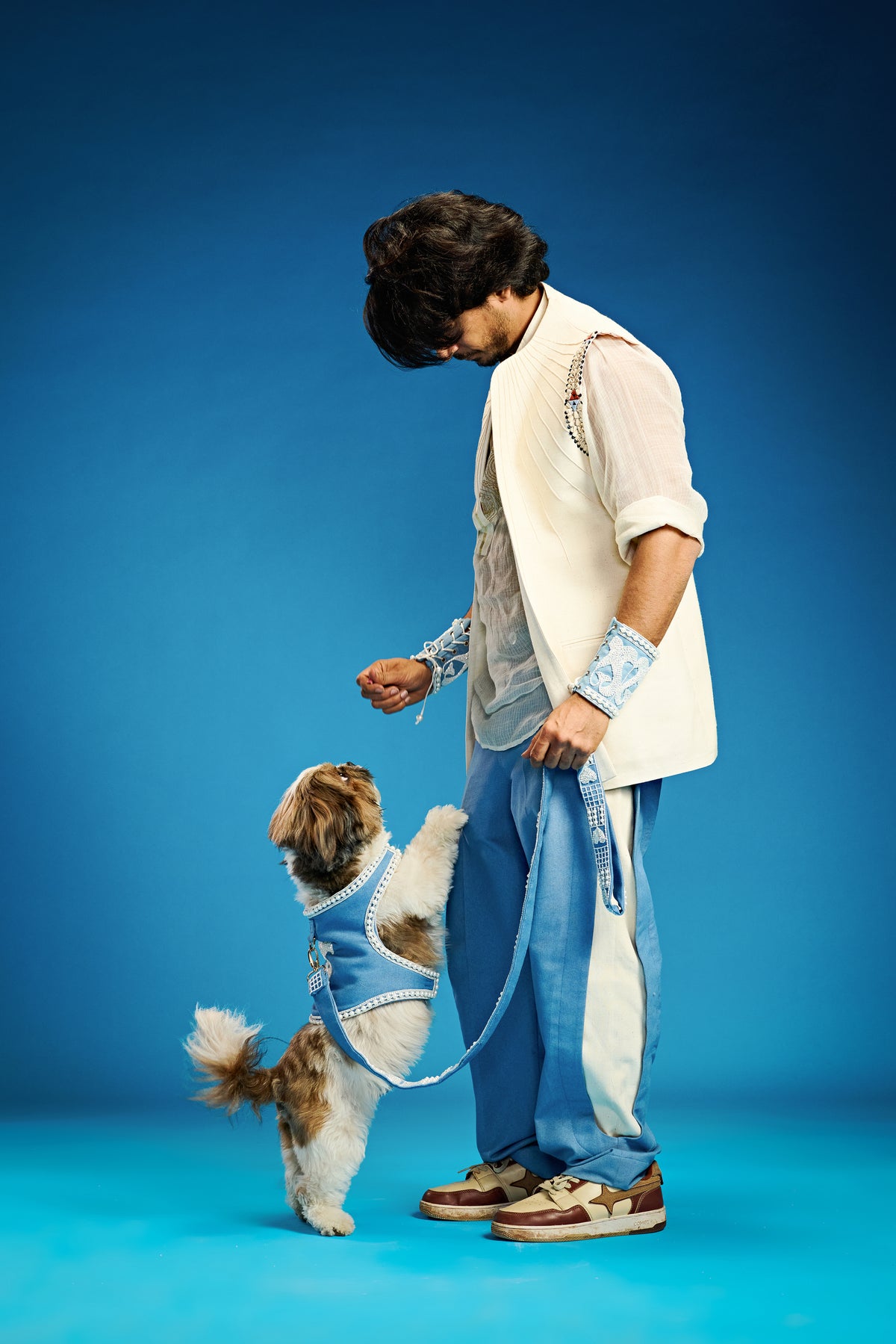 Denim pearl couture Dog harness and leash-   KCP 03