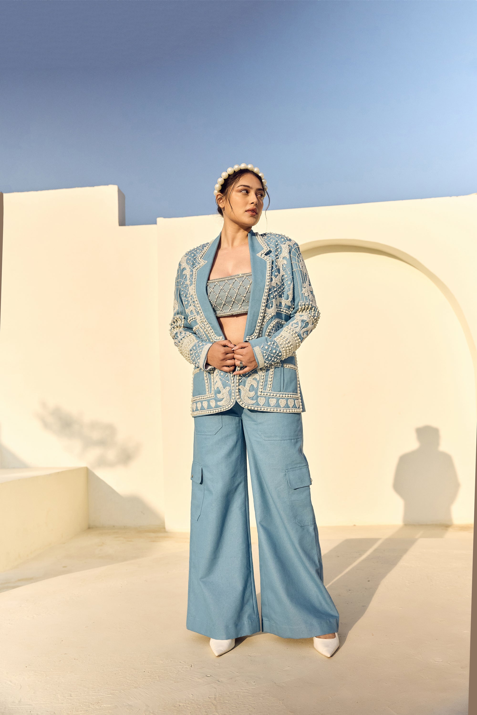 PEARL DENIM BLAZER WITH DENIM TUBE TOP AND DENIM CARGO- PS01