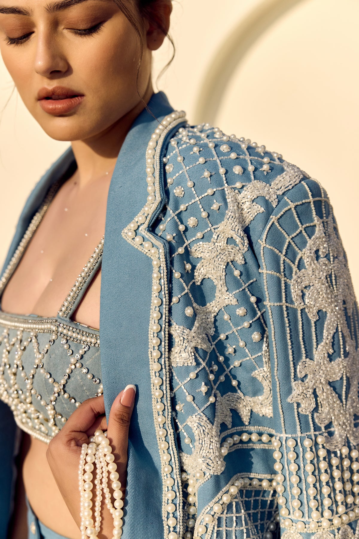 PEARL DENIM BLAZER WITH DENIM TUBE TOP AND DENIM CARGO- PS01