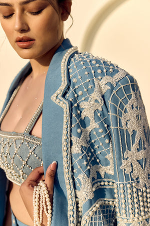 PEARL DENIM BLAZER WITH DENIM TUBE TOP AND DENIM CARGO- PS01