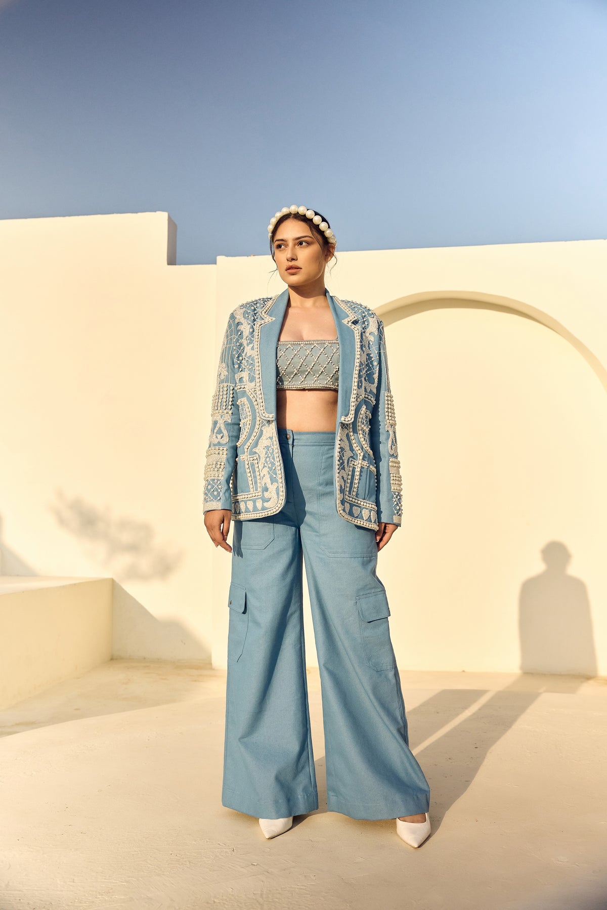PEARL DENIM BLAZER WITH DENIM TUBE TOP AND DENIM CARGO- PS01