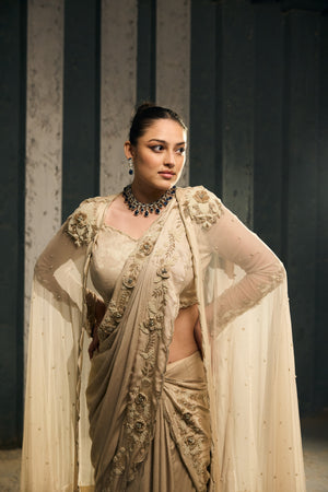 BEIDGE SKIRT SAREE WITH EMBELIISHED CAPE AND BLOUSE-   SOT 01