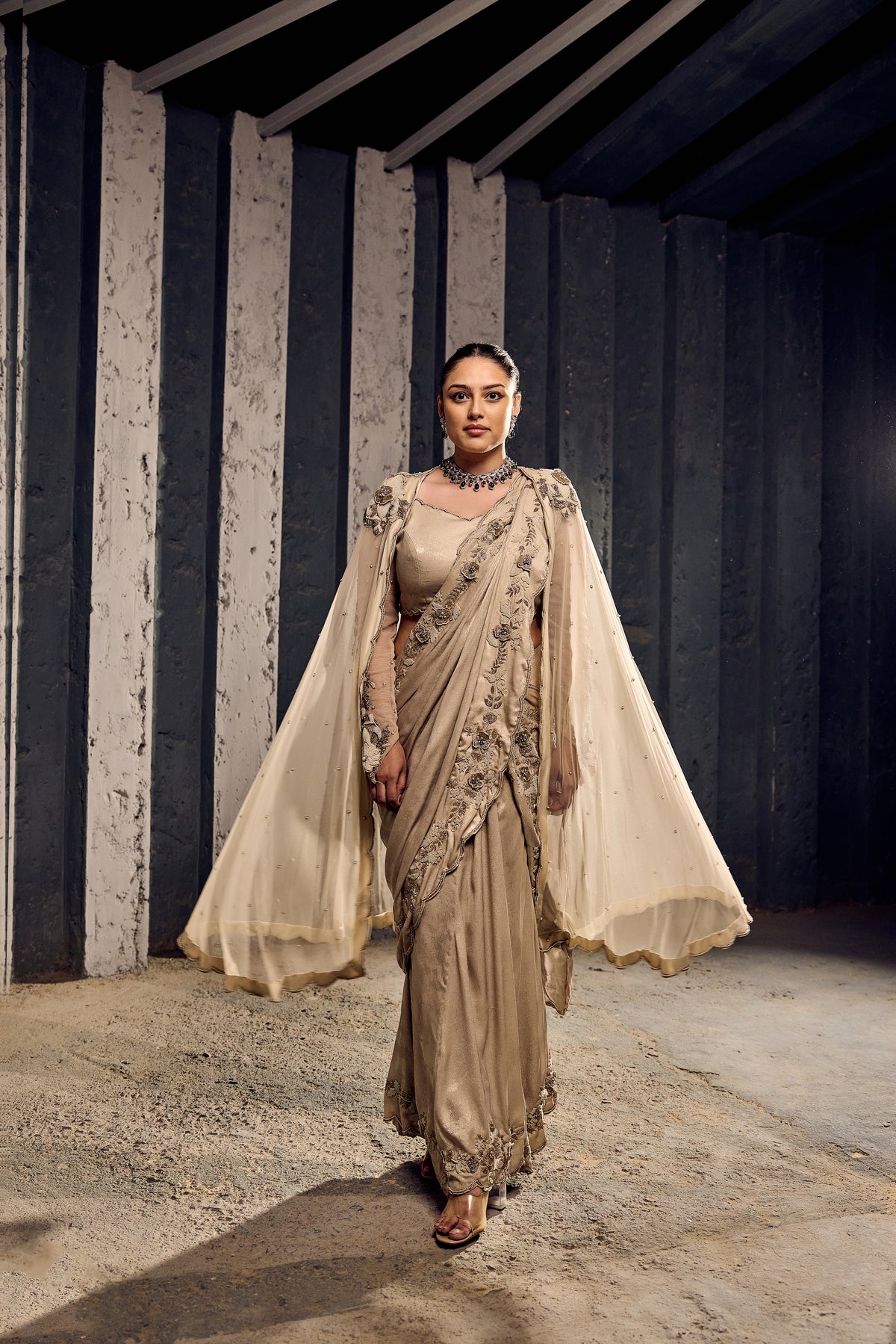 BEIDGE SKIRT SAREE WITH EMBELIISHED CAPE AND BLOUSE-   SOT 01