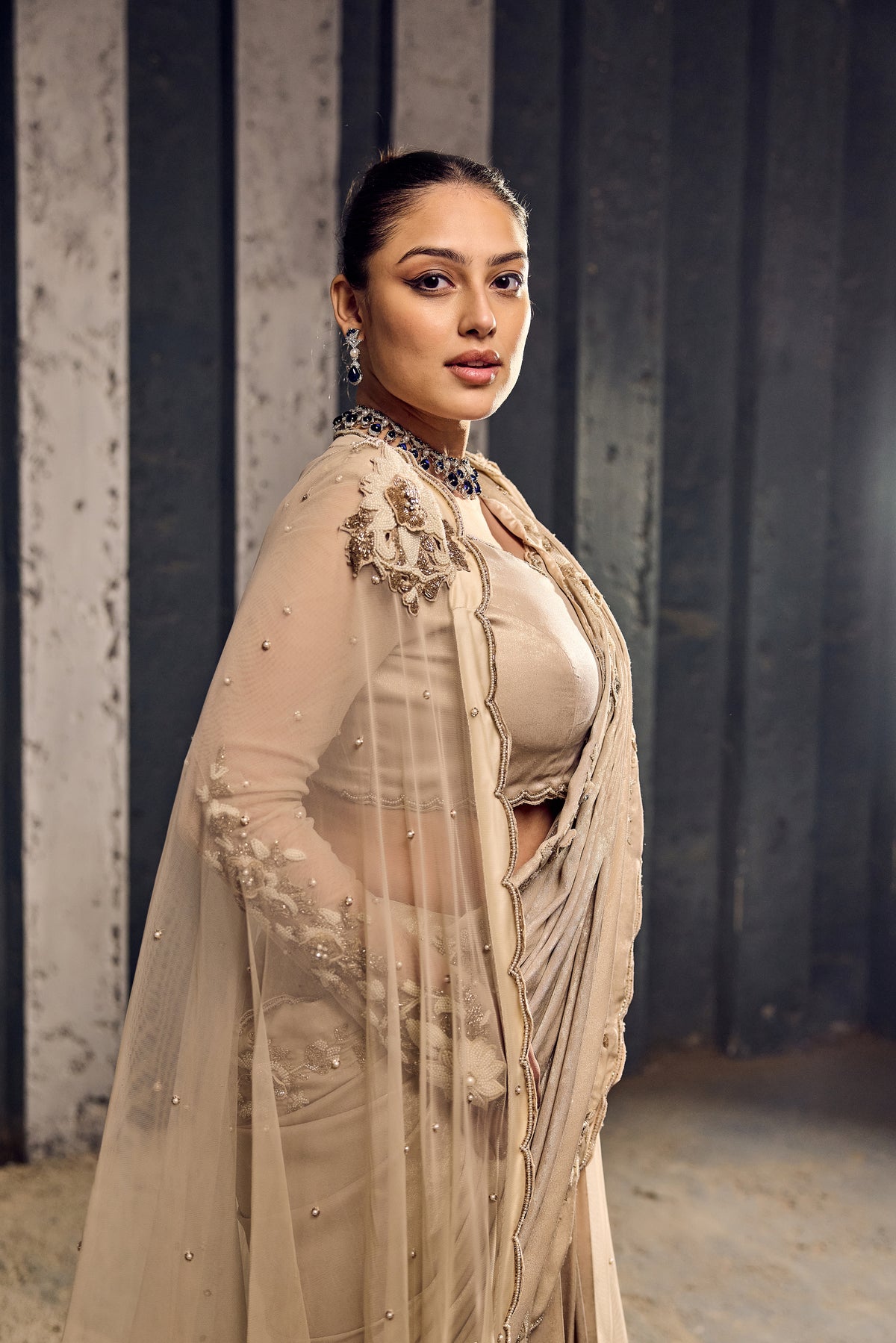 BEIDGE SKIRT SAREE WITH EMBELIISHED CAPE AND BLOUSE-   SOT 01