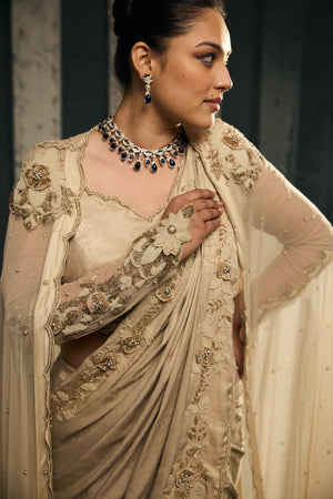 BEIDGE SKIRT SAREE WITH EMBELIISHED CAPE AND BLOUSE-   SOT 01
