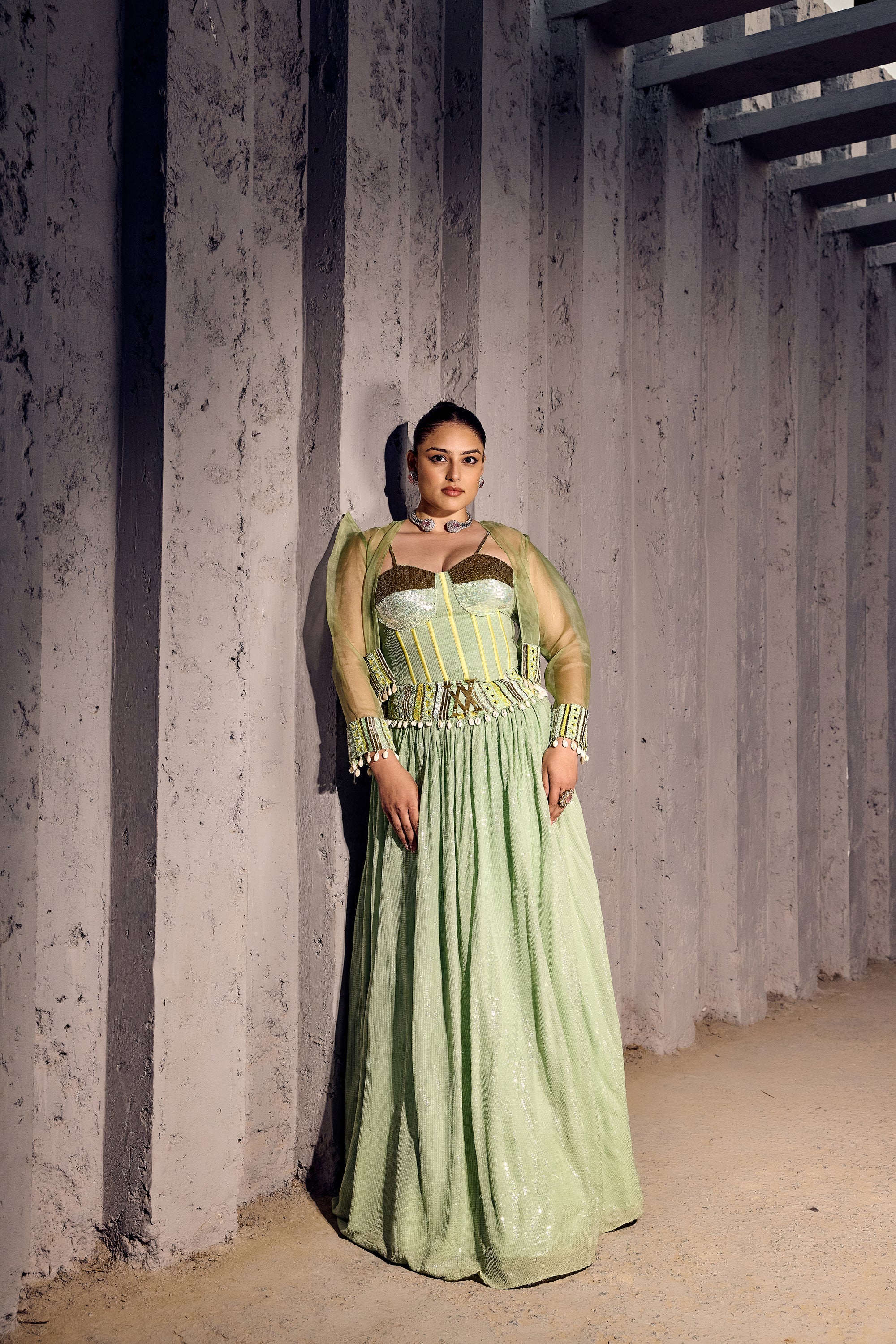 GREEN SEQUENCE LEHANGA WITH CORSET AND ORGANZA JACKET-   SOT 02