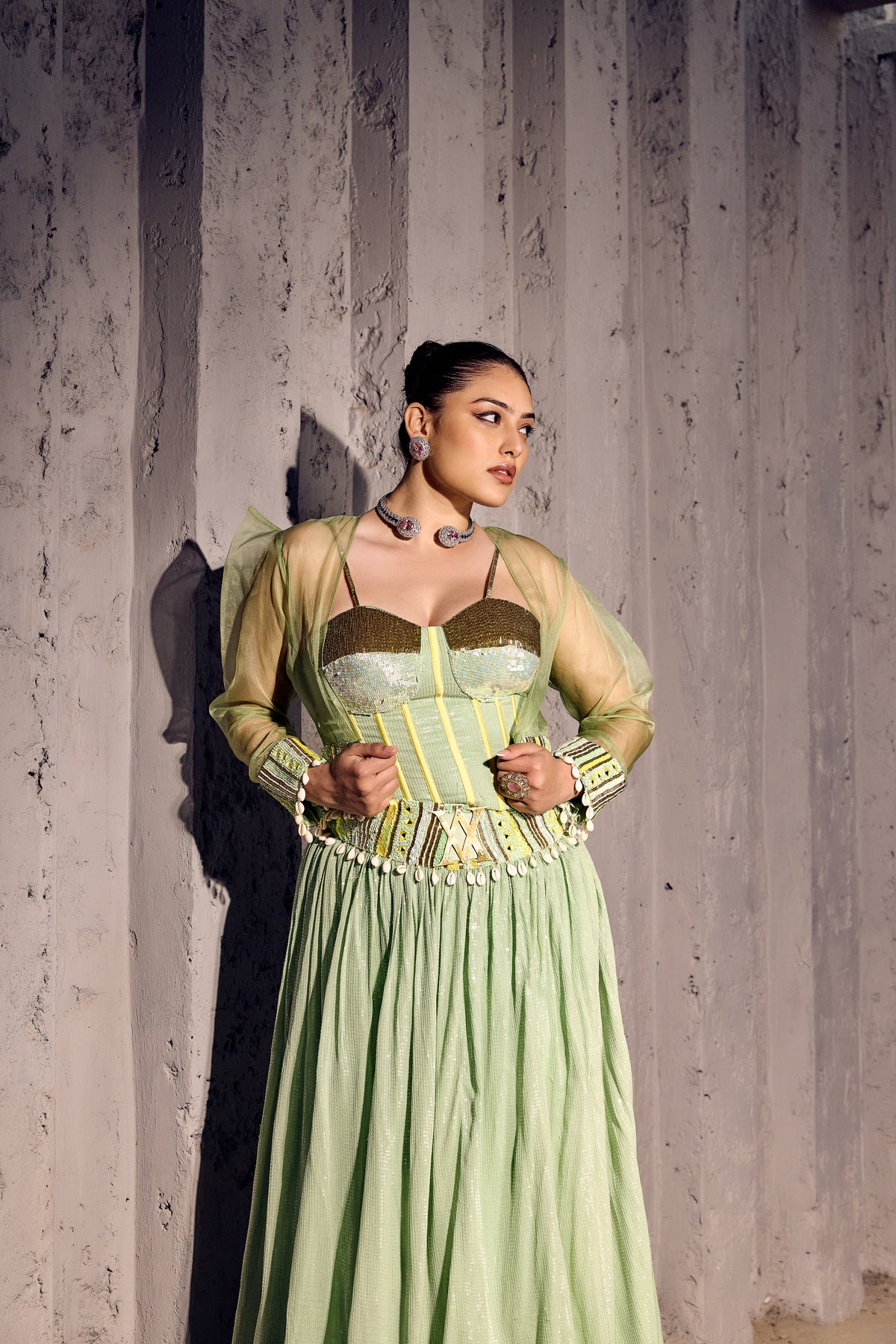 GREEN SEQUENCE LEHANGA WITH CORSET AND ORGANZA JACKET-   SOT 02
