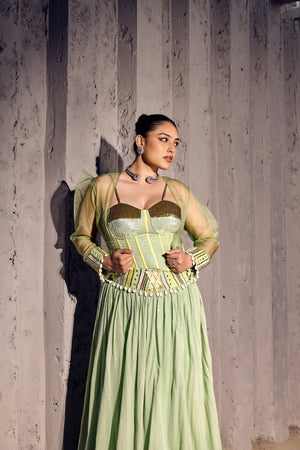 GREEN SEQUENCE LEHANGA WITH CORSET AND ORGANZA JACKET-   SOT 02