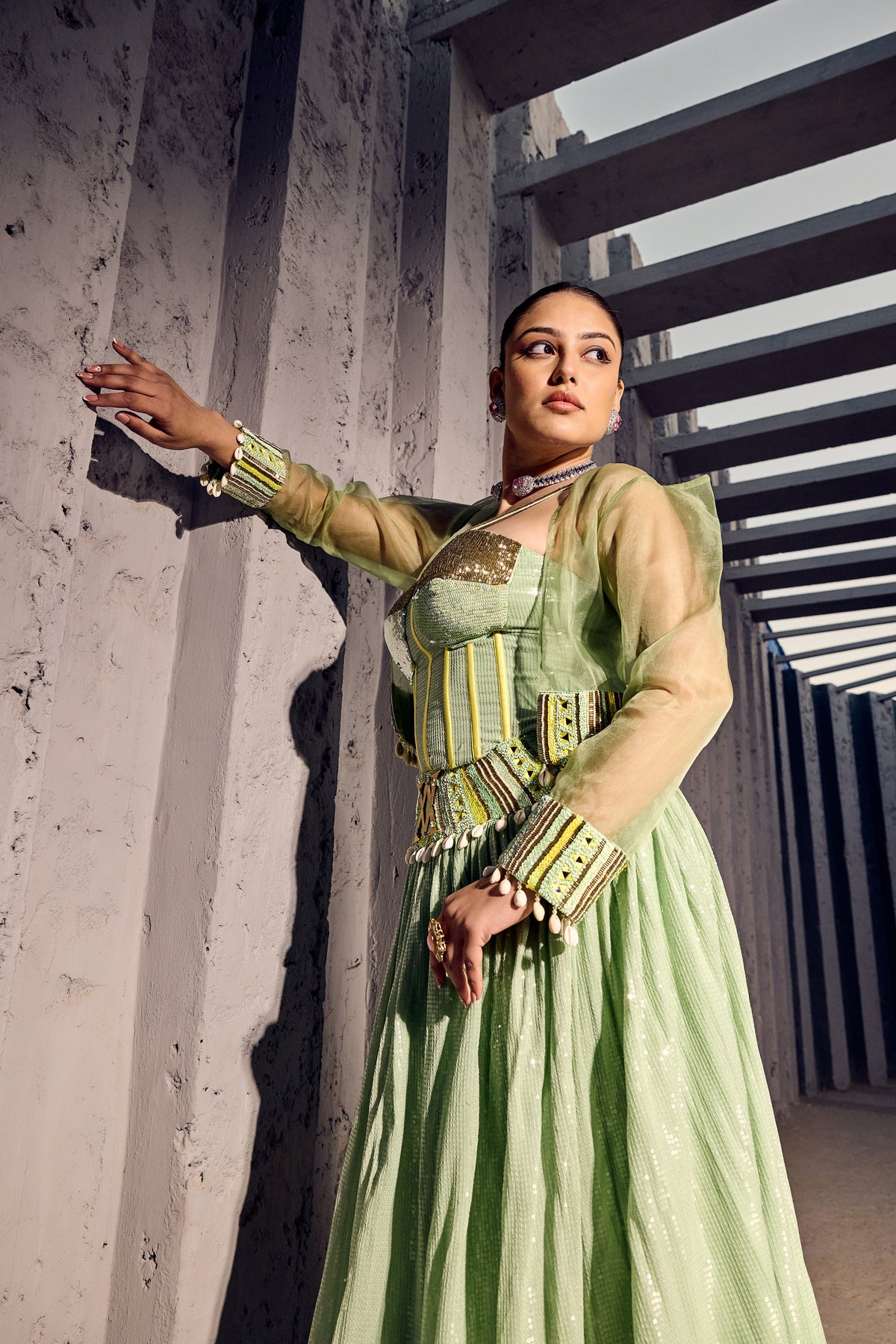 GREEN SEQUENCE LEHANGA WITH CORSET AND ORGANZA JACKET-   SOT 02
