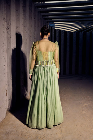 GREEN SEQUENCE LEHANGA WITH CORSET AND ORGANZA JACKET-   SOT 02