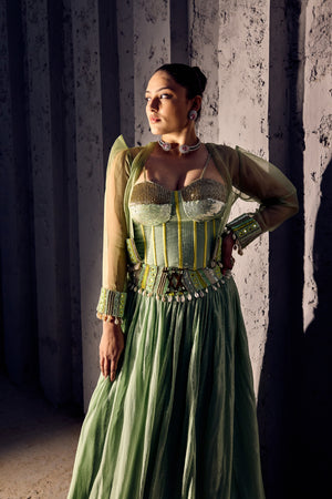 GREEN SEQUENCE LEHANGA WITH CORSET AND ORGANZA JACKET-   SOT 02