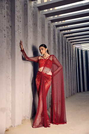 RED DRAPE SAREE WITH EMBELLISHED BLOUSE -   SOT 03