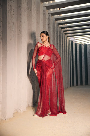 RED DRAPE SAREE WITH EMBELLISHED BLOUSE -   SOT 03