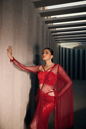 RED DRAPE SAREE WITH EMBELLISHED BLOUSE -   SOT 03