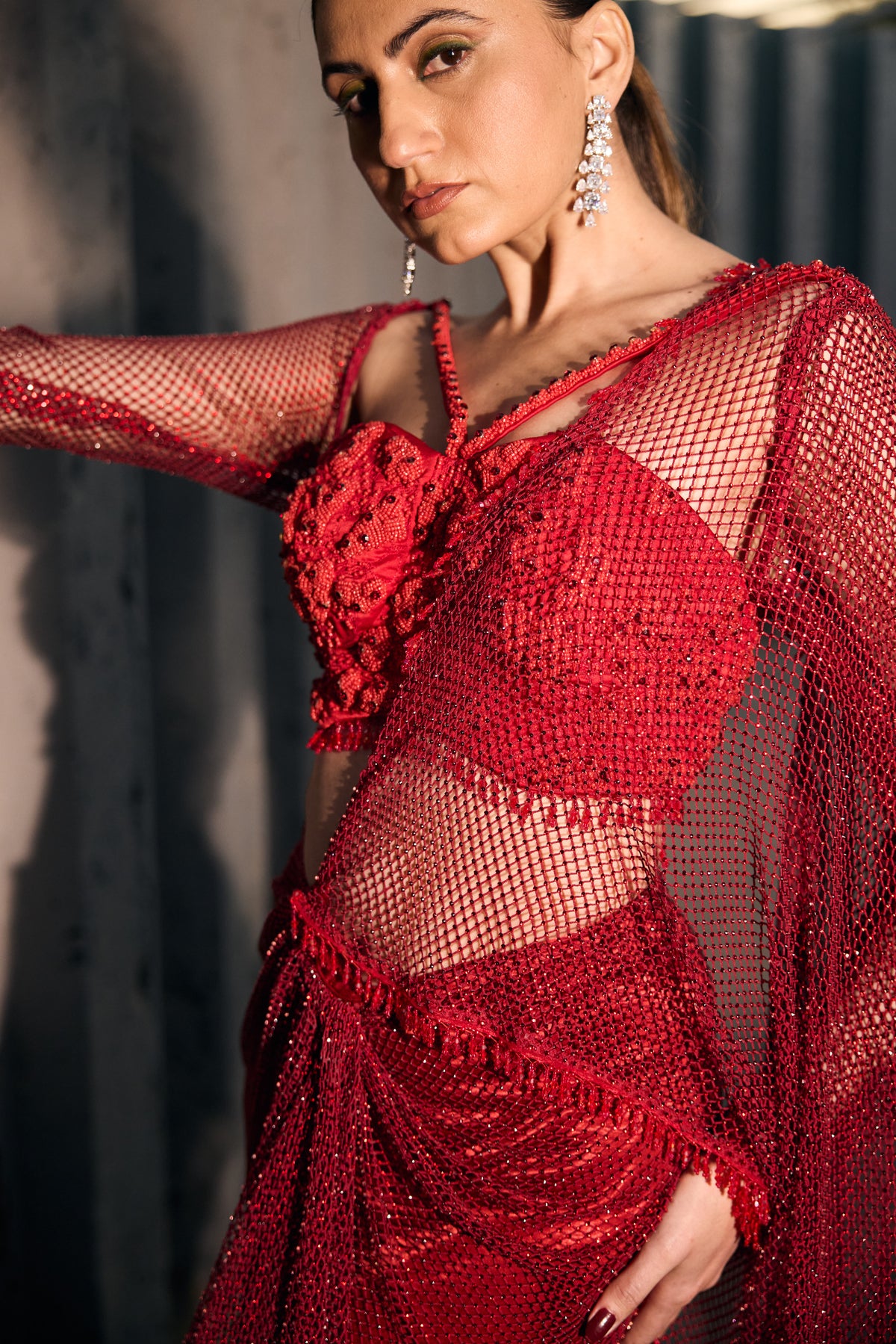 RED DRAPE SAREE WITH EMBELLISHED BLOUSE -   SOT 03