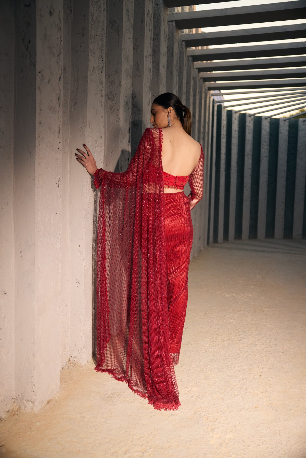 RED DRAPE SAREE WITH EMBELLISHED BLOUSE -   SOT 03