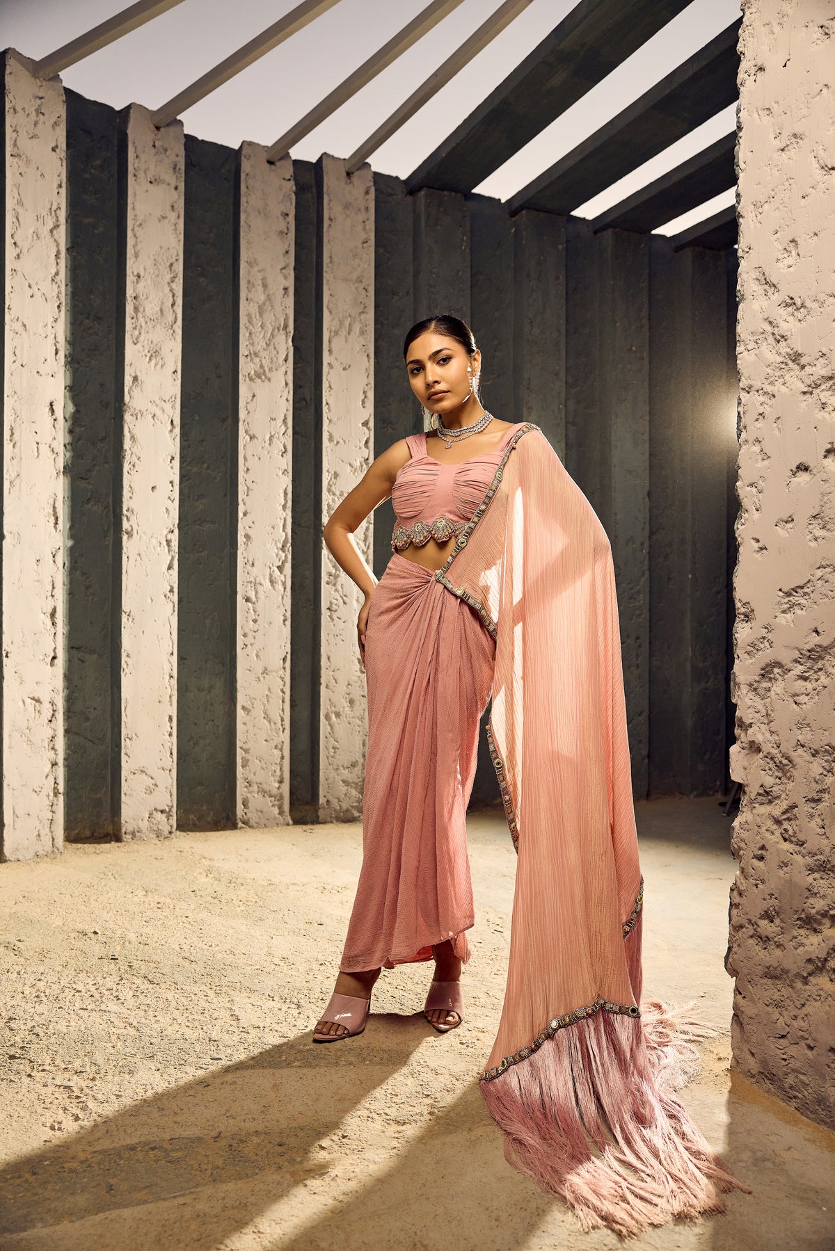ONION PINK  DRAPE SAREE WITH BUSTIER   -   SOT 05