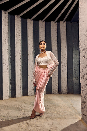WHITE CROP JACKET WITH COSRET AND WRAP A ROUND DRAPE SKIRT-   SOT 06