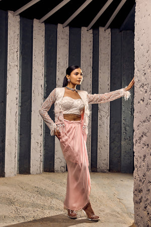 WHITE CROP JACKET WITH COSRET AND WRAP A ROUND DRAPE SKIRT-   SOT 06