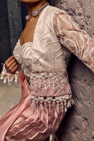 WHITE CROP JACKET WITH COSRET AND WRAP A ROUND DRAPE SKIRT-   SOT 06