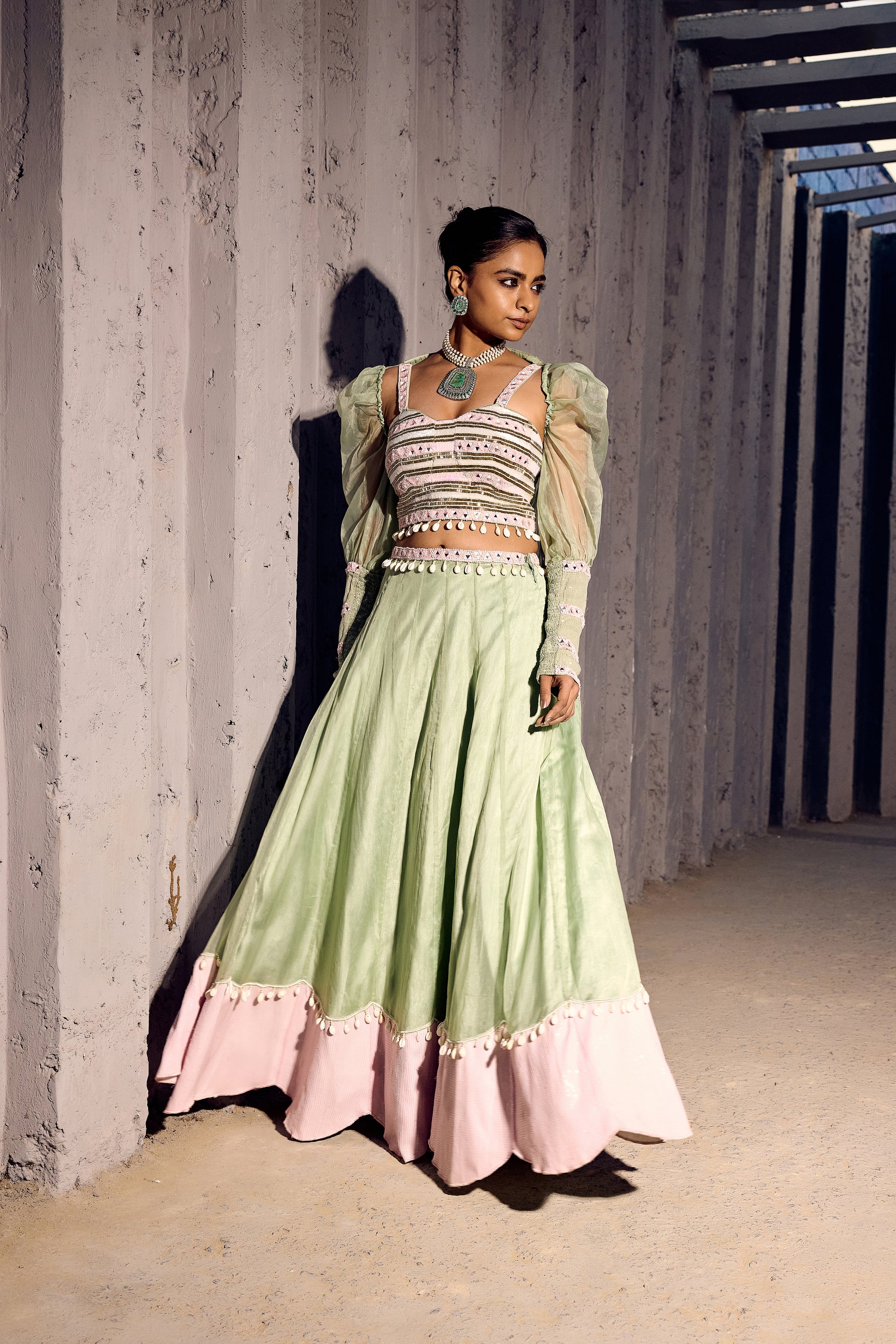 GREEN N PINK ORGANZA LEHANGA WITH EMBELLISHEDCORSET CROP ORGANZA JACKET   -   SOT 08