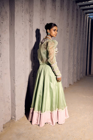 GREEN N PINK ORGANZA LEHANGA WITH EMBELLISHEDCORSET CROP ORGANZA JACKET   -   SOT 08