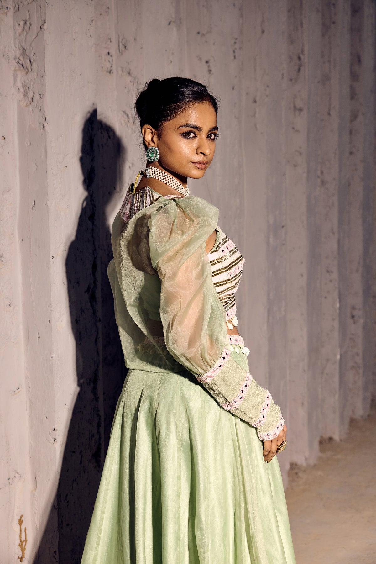 GREEN N PINK ORGANZA LEHANGA WITH EMBELLISHEDCORSET CROP ORGANZA JACKET   -   SOT 08