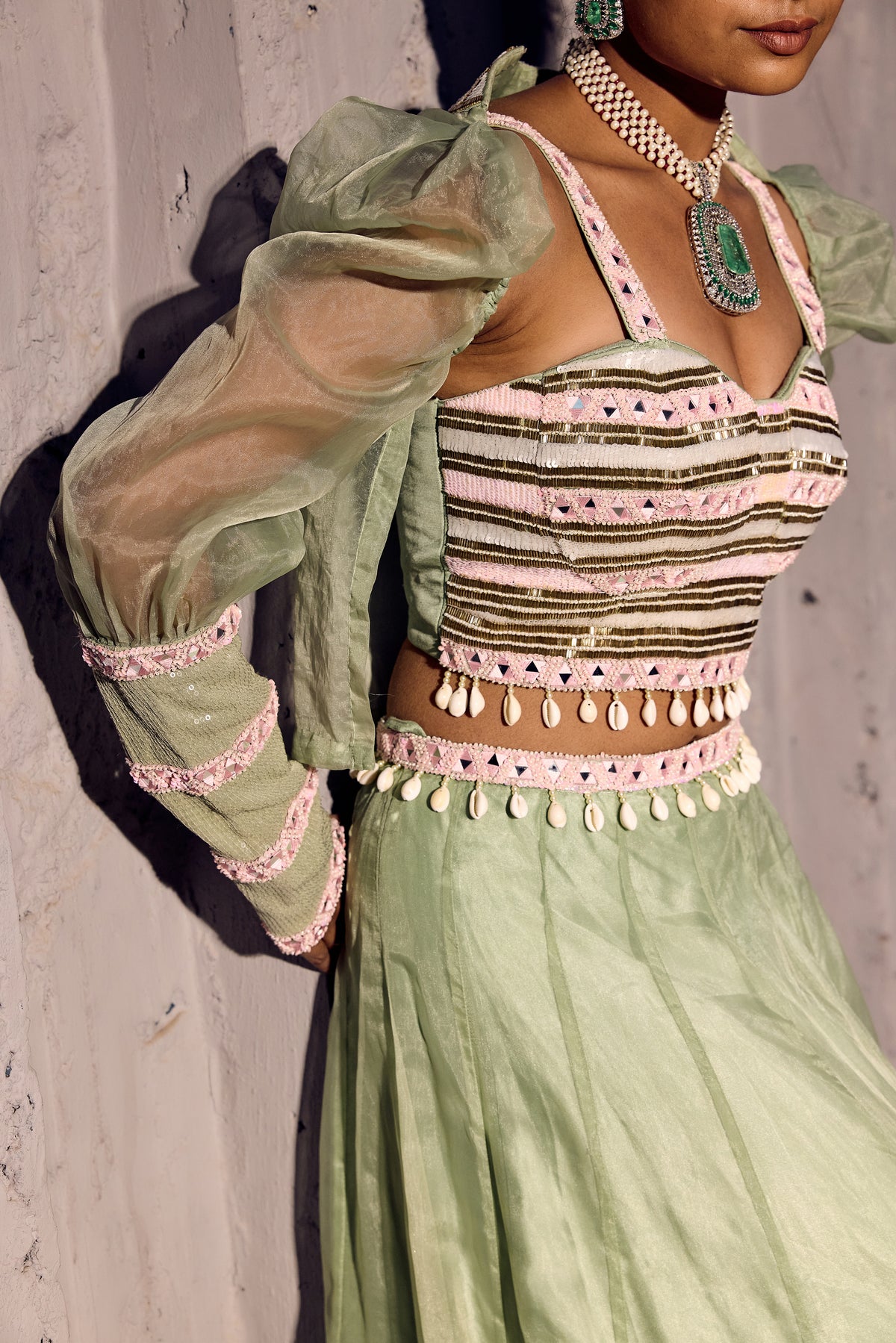 GREEN N PINK ORGANZA LEHANGA WITH EMBELLISHEDCORSET CROP ORGANZA JACKET   -   SOT 08