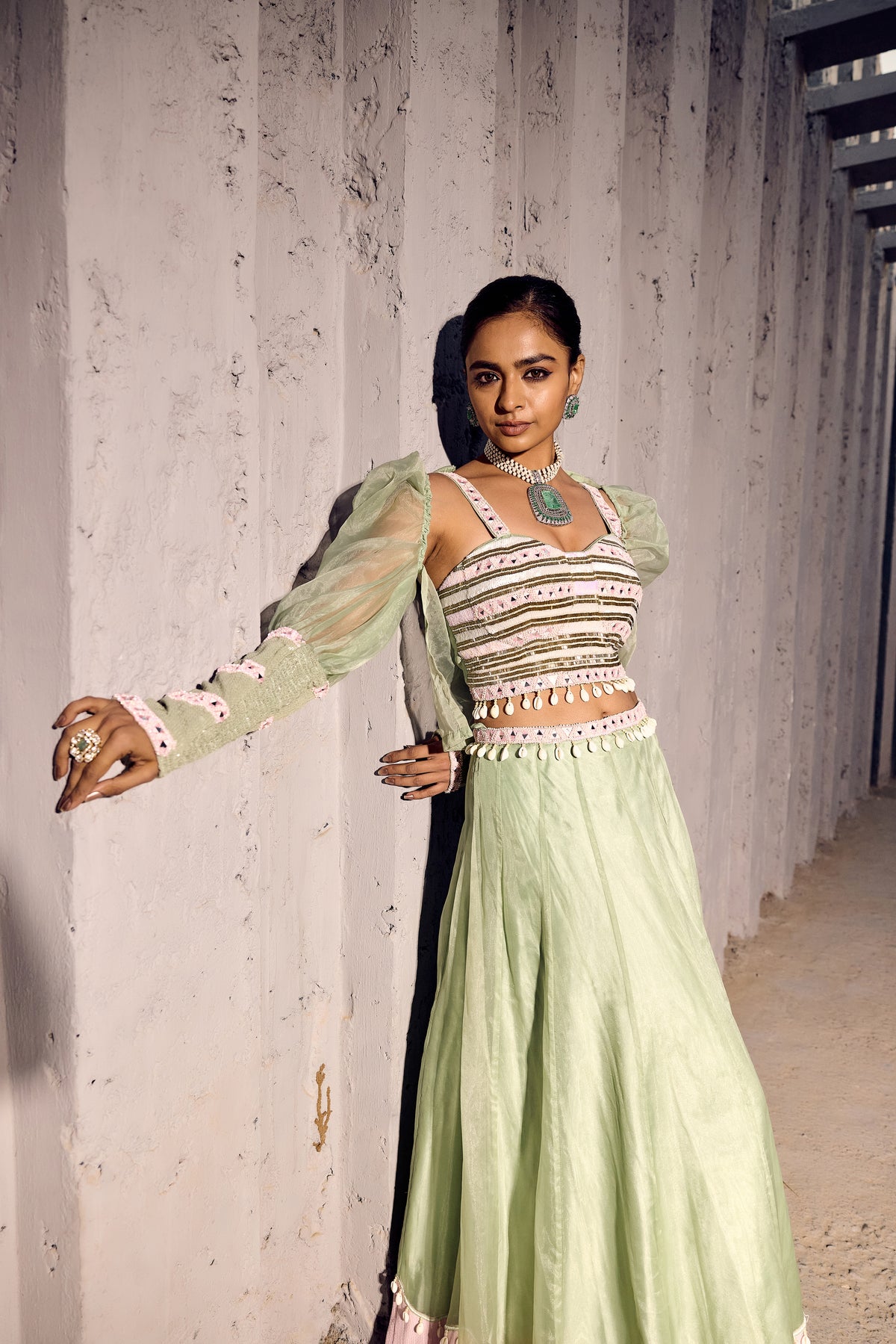 GREEN N PINK ORGANZA LEHANGA WITH EMBELLISHEDCORSET CROP ORGANZA JACKET   -   SOT 08