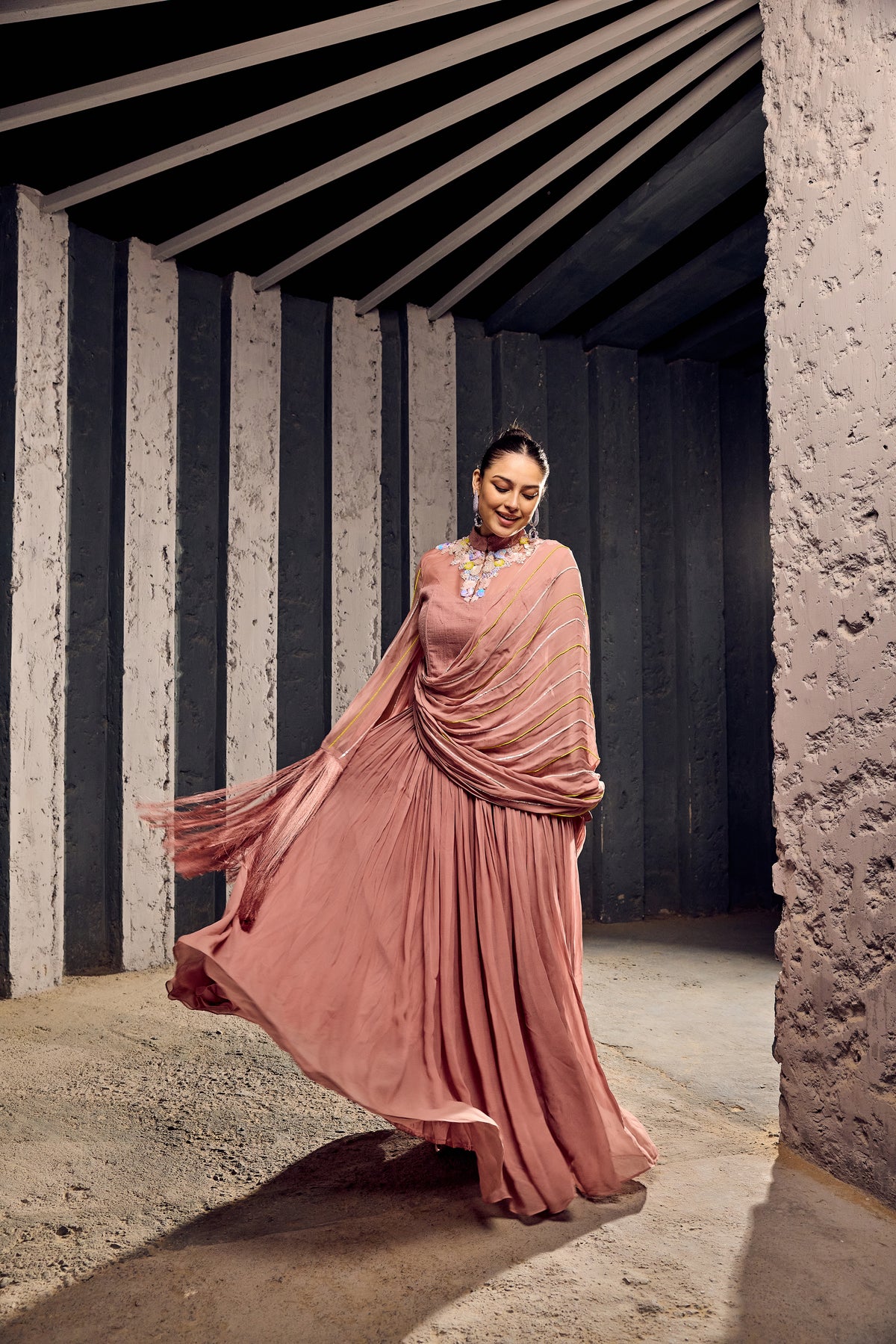 SALMON PINK SEQUENCE SKIRT WITH DRAPE ON SHOULDER WITH SEQ TOP  -   SOT 09