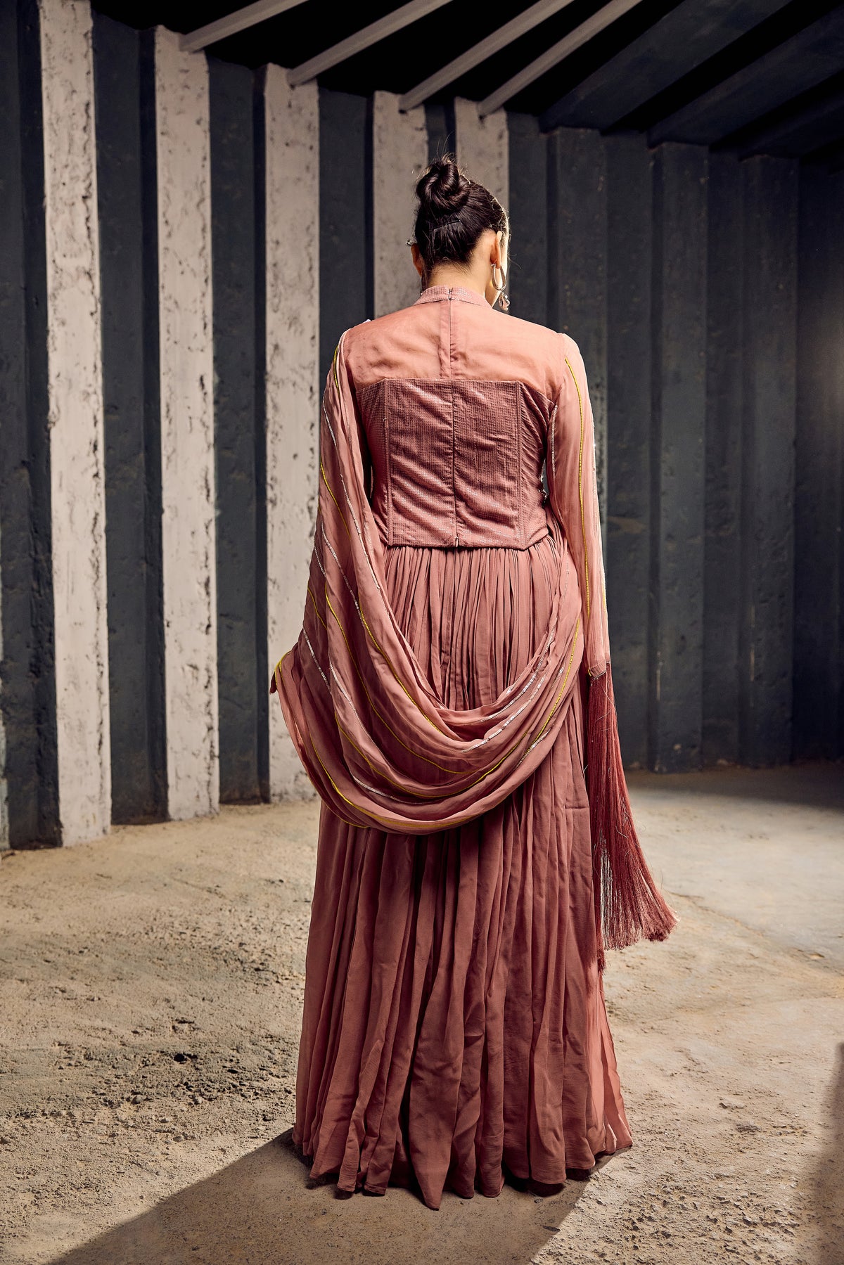 SALMON PINK SEQUENCE SKIRT WITH DRAPE ON SHOULDER WITH SEQ TOP  -   SOT 09
