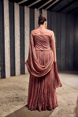 SALMON PINK SEQUENCE SKIRT WITH DRAPE ON SHOULDER WITH SEQ TOP  -   SOT 09