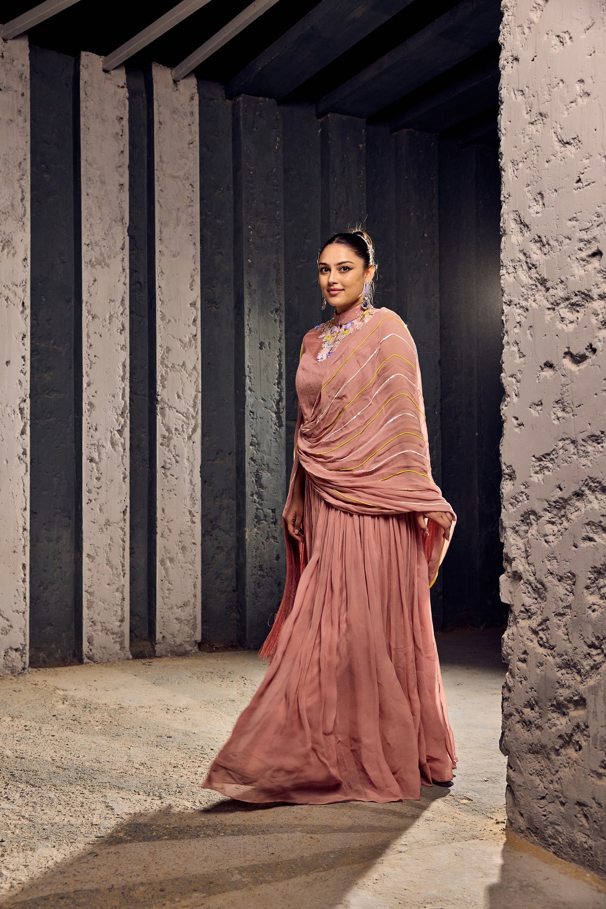SALMON PINK SEQUENCE SKIRT WITH DRAPE ON SHOULDER WITH SEQ TOP  -   SOT 09