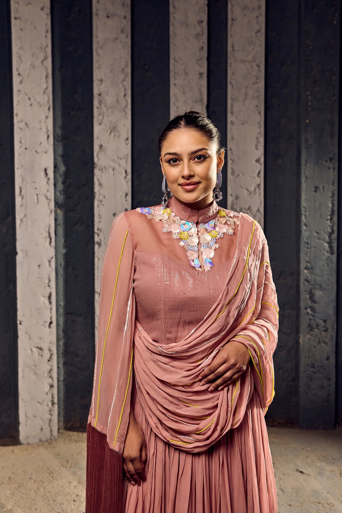 SALMON PINK SEQUENCE SKIRT WITH DRAPE ON SHOULDER WITH SEQ TOP  -   SOT 09